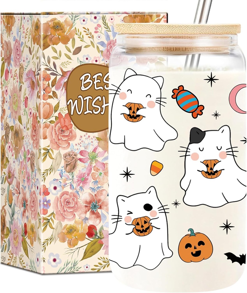 Halloween Cat Ghost Cup, Funny Halloween Mug Gifts Basket for Teens, 16 oz Iced Coffee Tumbler with Lid and Straw, Boo Basket Stuffers for Women Adults, Cat Lover Gifts for Women.