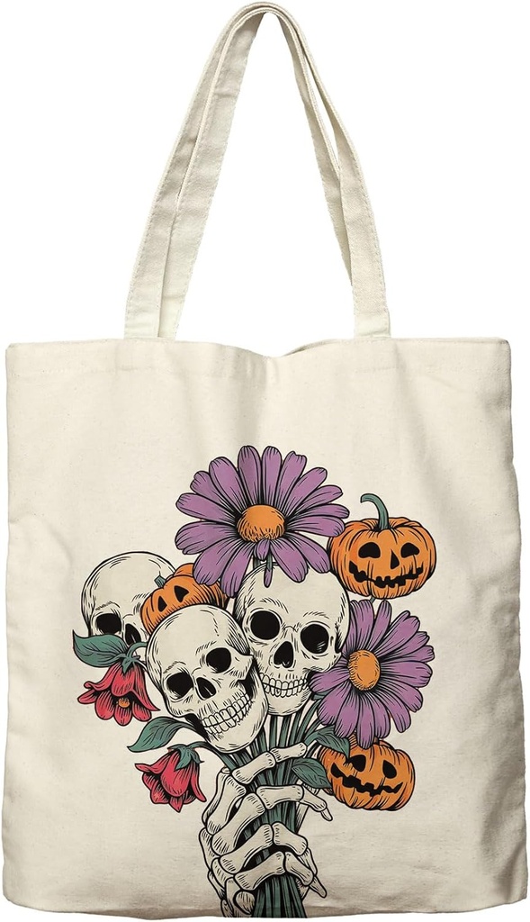 Dlzdn Halloween Skull Tote Bag Aesthetic Funny Skeleton Pumpkin Reusable Shopping Grocery Bag Beach Bag Holiday Gifts for Teacher Women