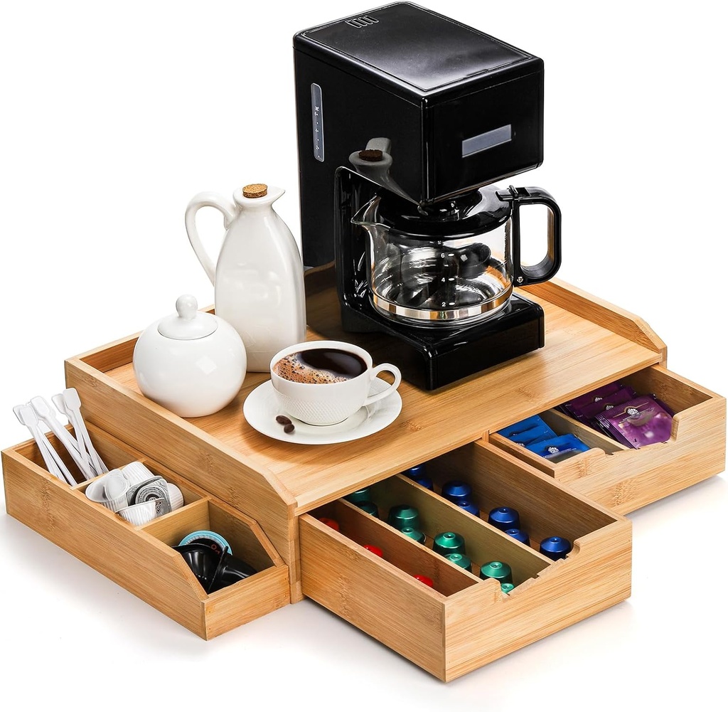 SOUJOY Bamboo Drawer Organizer for Coffee Pod, K Cup Organizer for Counter, Tea Bag Storage Organizer with Drawer and Side Storage Box for Kitchen Office Coffee Bar