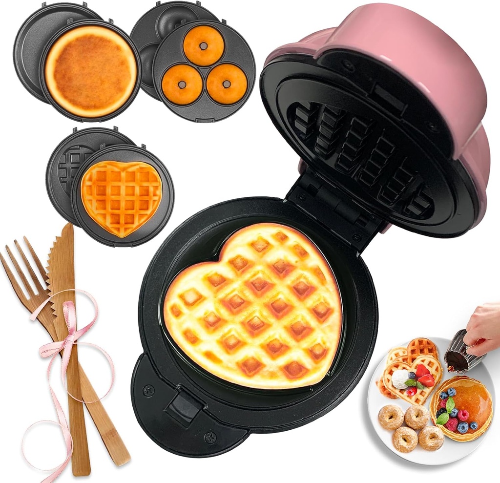 Mini Waffle Maker with 6 Removable Plates,Small Heart Waffle Maker Keto,3-in-1 Multi-plate set,Wafflera Iron for Kids Family&Individuals,4'' Non Stick Cooking Plates with Fast & Even Heating(Pink)
