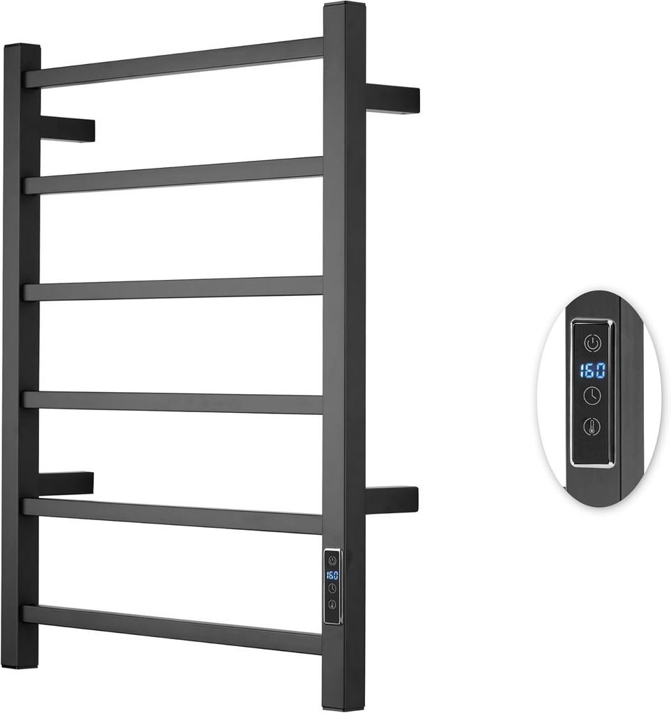 Heated Towel Racks for Bathroom, Wall Mounted Electric Towel Warmer Racks with Timer & Temperature Control, 6 Bar Stainless Steel Towel Heater for Bathroom, Matte Black, Plug-in