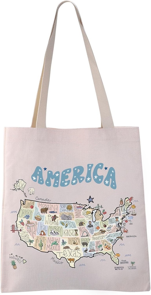 VAMSII Love USA Grocery Shopping Bag United States Illustrated Map Shoulder Bag Gift for Travel Lover
