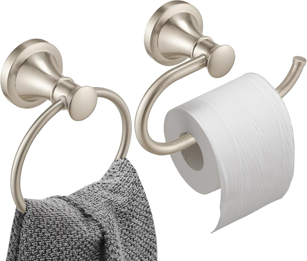 Hoimpro Brushed Nickel 2-Piece Bathroom Bath Set, Wall Mounted Bathroom Hardware Fixture (Towel Ring Holder, Toilet Paper Towel Holder), Bathroom Accessories, Stainless Steel and Zinc Alloy