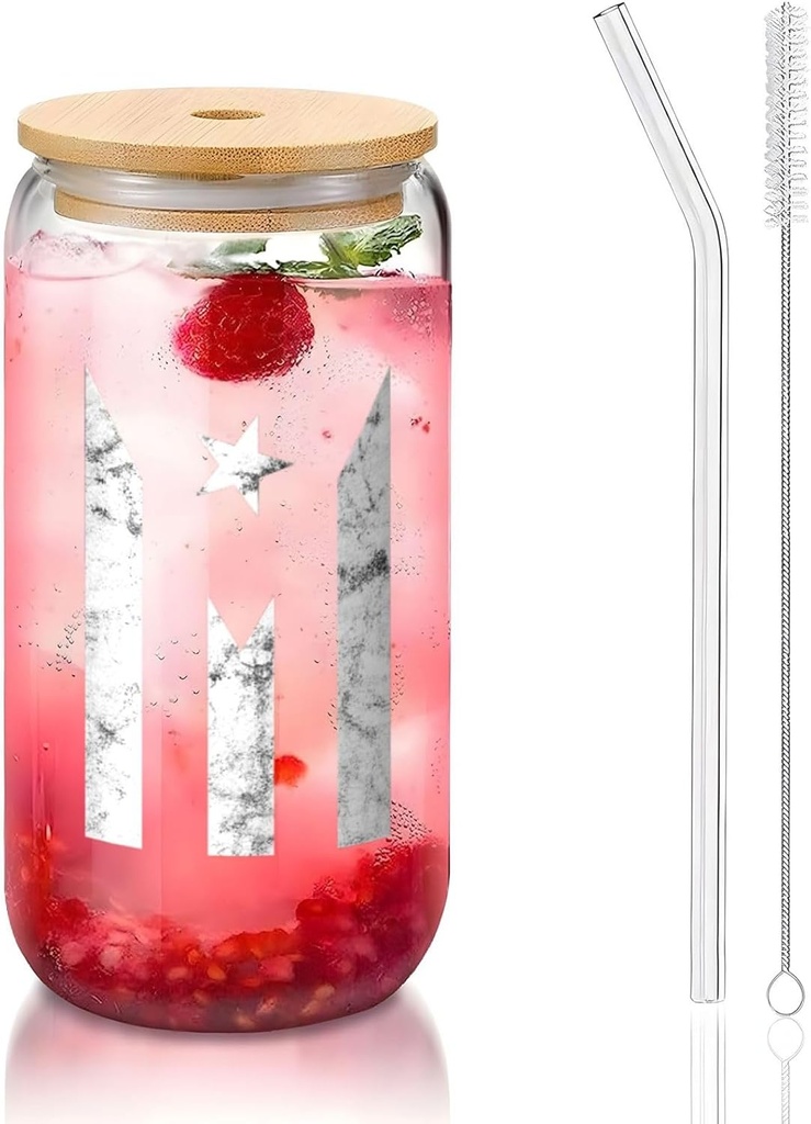 Puerto Rico Black & White Protest Flag 16 Oz Drinking Glasses With Bamboo Lids,Glass Straw And Cleaning Brushes Glass Tea Cup For Iced Coffee,Smoothie,Cocktail,Beer,Whiskey,Soda,Matcha