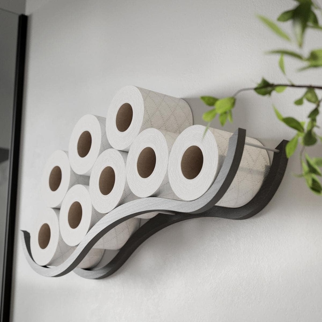 Cloud Wooden Wall Mounted Toilet Roll Holder, Black Loo Paper Storage Shelf, Floating Bathroom Organizer, Stylish Wood Tissue Rack for Wall Hanging Wave(Grey)