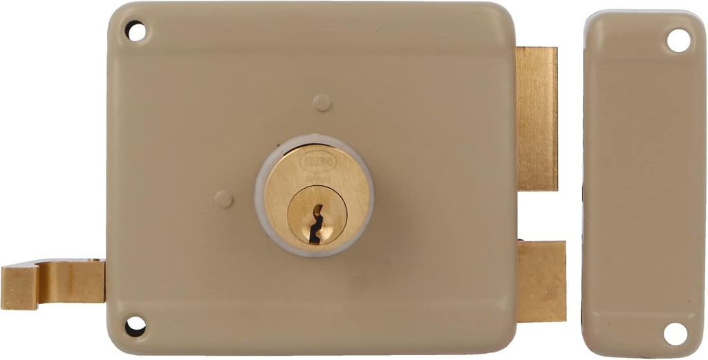 Amig - Right Overlay Lock with Latch Lever, Tongue and Handle for Wooden Doors Mod. 78 | 100 x 85 mm | Latch with Round Cylinder Serreta | Steel Beige