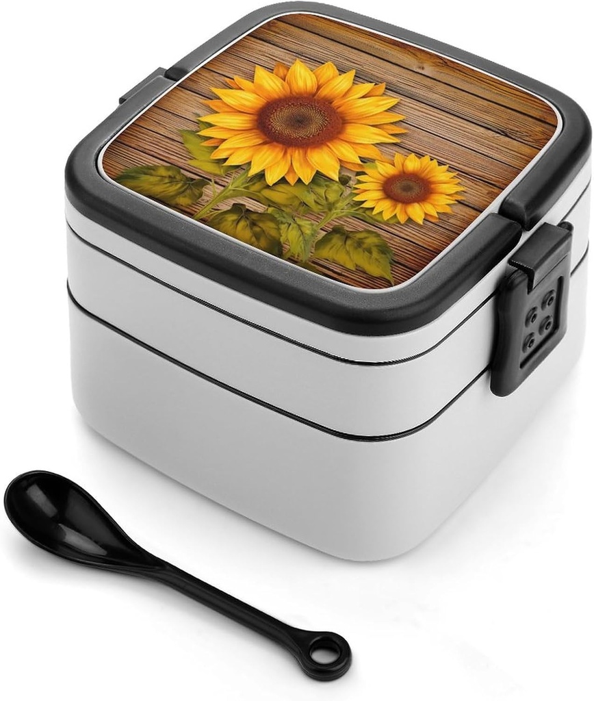 Sunflower on Wood Bento Box Adult Lunch Box All-in-One Lunch Containers with Removable Compartments Double Layer Bento Lunch Box with Spoon And Handle Stackable Lunchbox