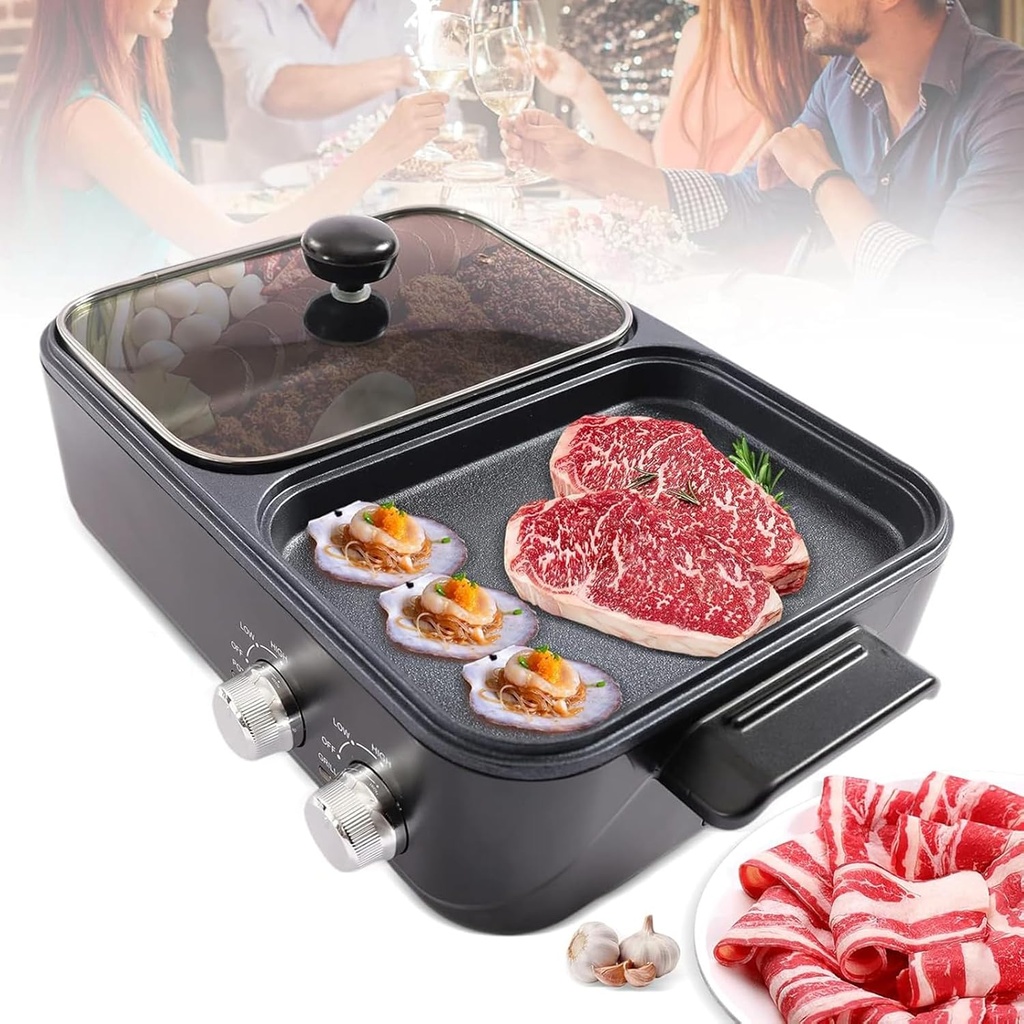 Smokeless BBQ Hotpot Grill Combo, Electric Nonstick Grill Hot Pot with Separate Dual Temperature Control, Heats Up Quickly and Evenly, Non-Stick Surface and Easy Cleaning, for Gift, Party