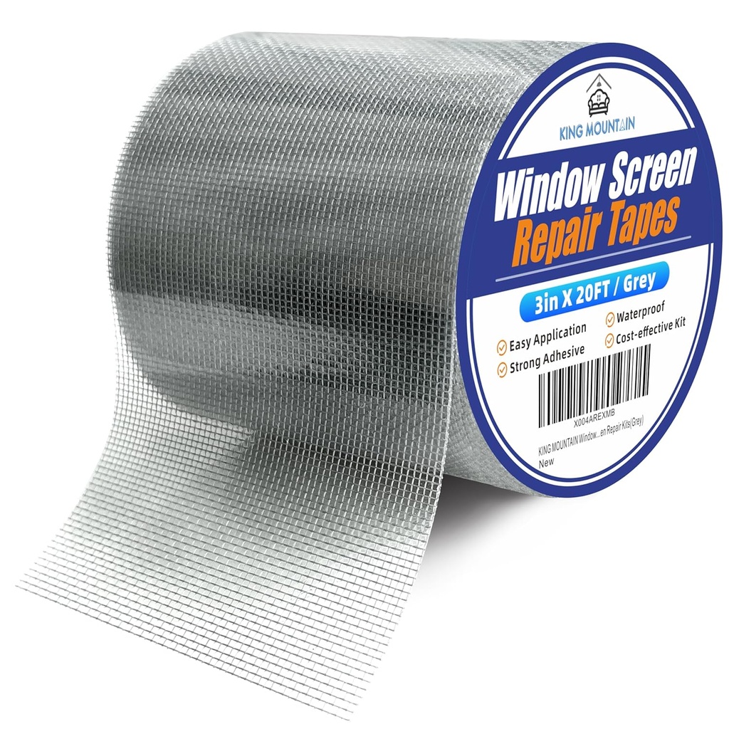 KING MOUNTAIN Grey Window Screen Repair Tape,3inX20FT Heavy Duty Screen Repair Kit for Window Screen and Screen Door Tears Holes,Strong Adhesive & Waterproof Window Screen Patch