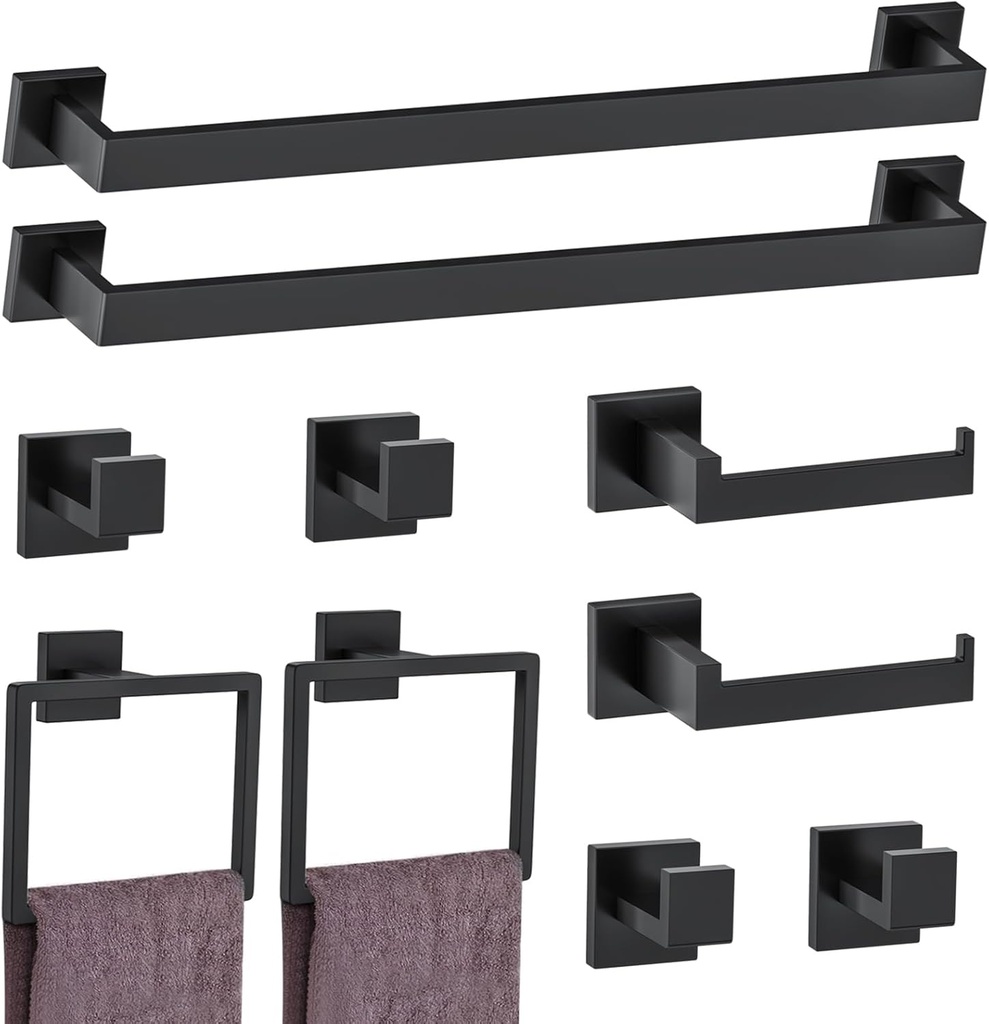 10-Piece Matte Black Bathroom Hardware Accessories Set Black Towel Bar Set Towel Holder Set Stainless Steel Wall-Mounted Towel Rack Set for Bathroom,23.6 Inch Towel Bar