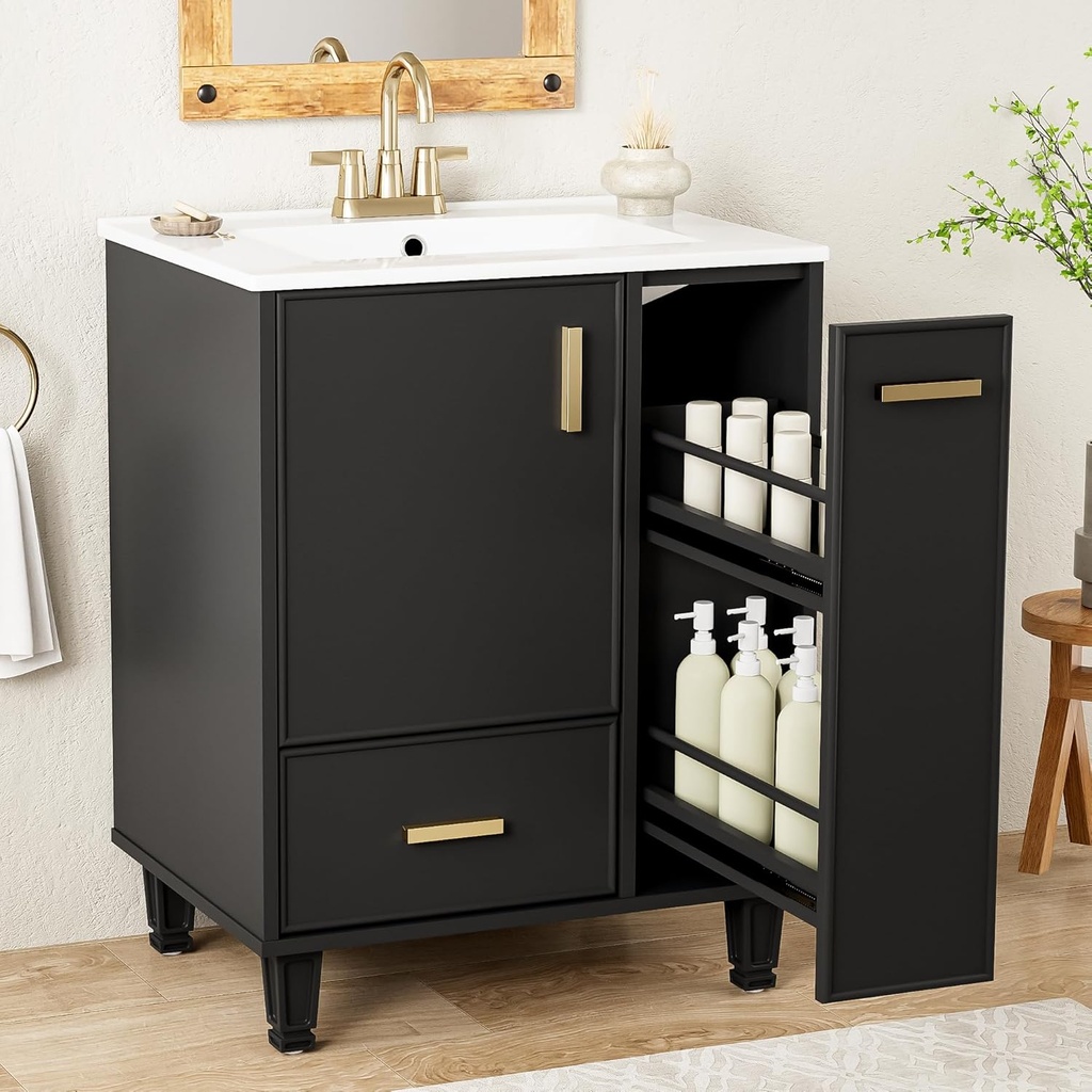 P PURLOVE 24" Bathroom Vanity with Ceramic Sink, Bathroom Cabinet with Door Shelf, Deep Drawer and 2-Tier Pull-Out Basket, Solid Wood Frame and MDF Board (Black)