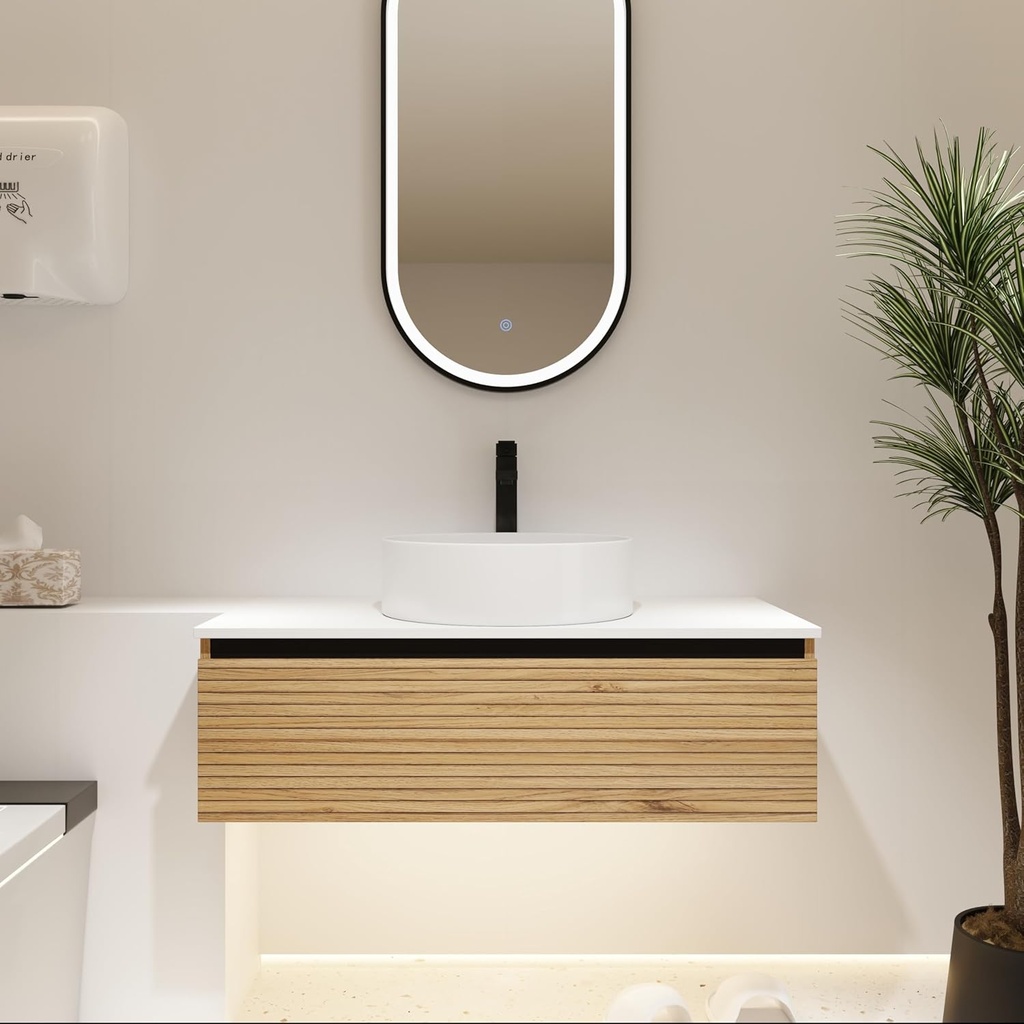 36 Inch Bathroom Vanity with Sink, Floating Bathroom Vanity with White Art Ceramic Sink, Wall Mounted Bathroom Sinks with Cabinets and 1 Soft-Close Drawer, Oak
