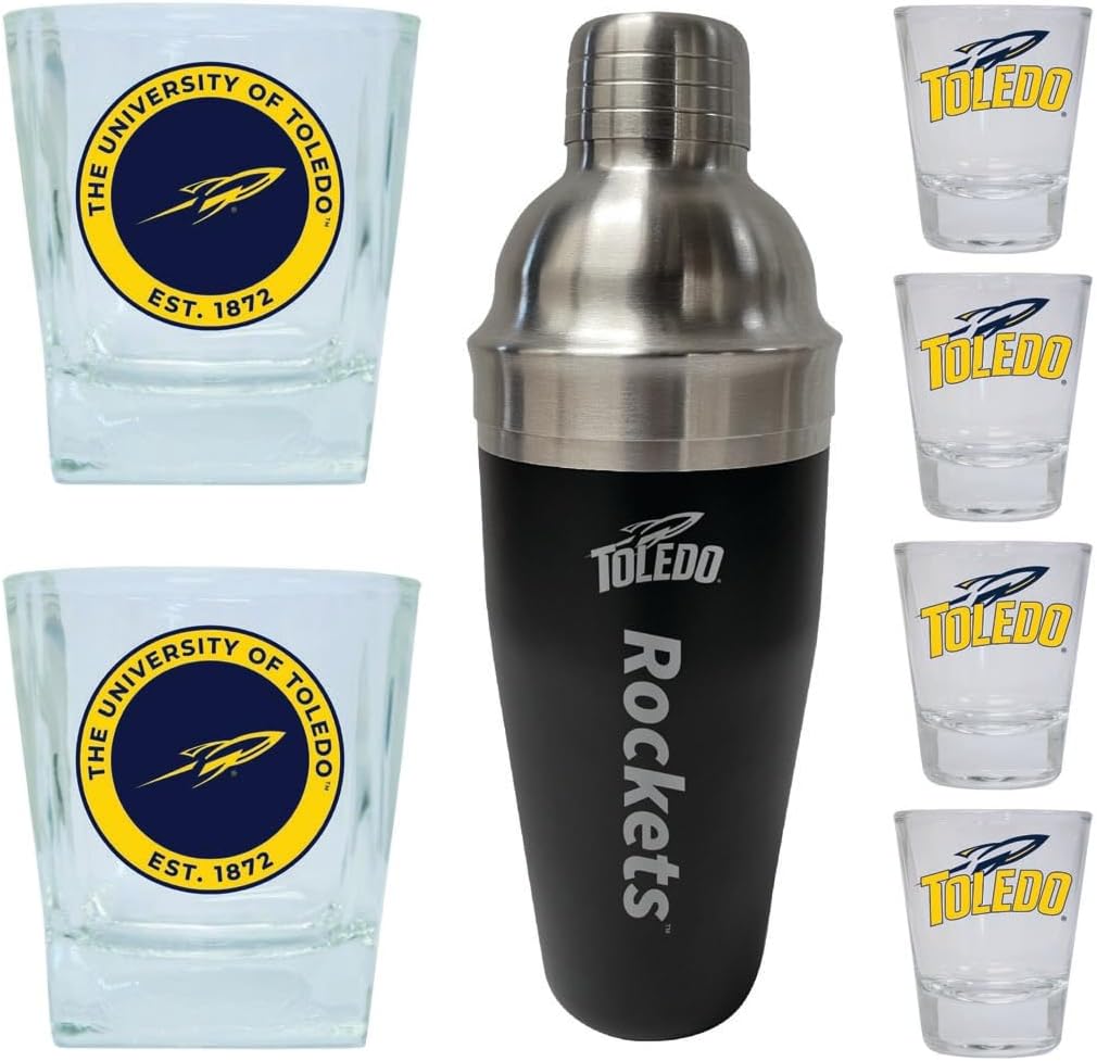 R and R Imports Toledo Rockets Officially Licensed Collegiate Barware Set – 7-Piece Cocktail & Whiskey Glass Gift Pack