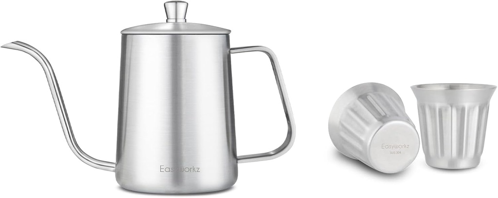 Easyworkz Gage Gooseneck Pour Over Coffee Kettle 20 oz, Silver, Bundled with Easyworkz Stainless Steel Double-Wall Espresso Cups 5 oz Set of 2, Vertical Stripe Design, Brushed Silver