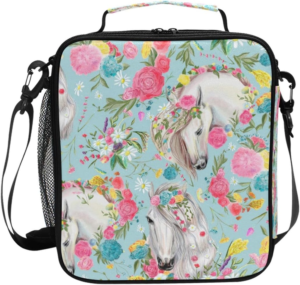 Lunch Box for Girls Horse And Flower Lunch Bag Insulated Lunch Boxes Cooler Lunch Tote with Shoulder Strap for School Picnic