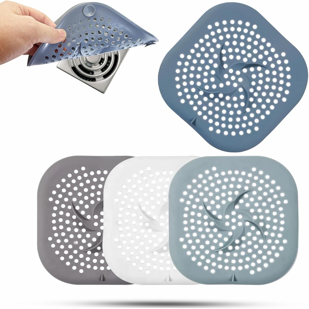 Drain Cover with Suction Cups, 4 Pack Hair Catcher Shower Drain Strainer Protector with TPR Material for Bathroom, Bathtub, Kitchen Sink, Easy to Clean, Household Use (Blue, Grey, Green, White)