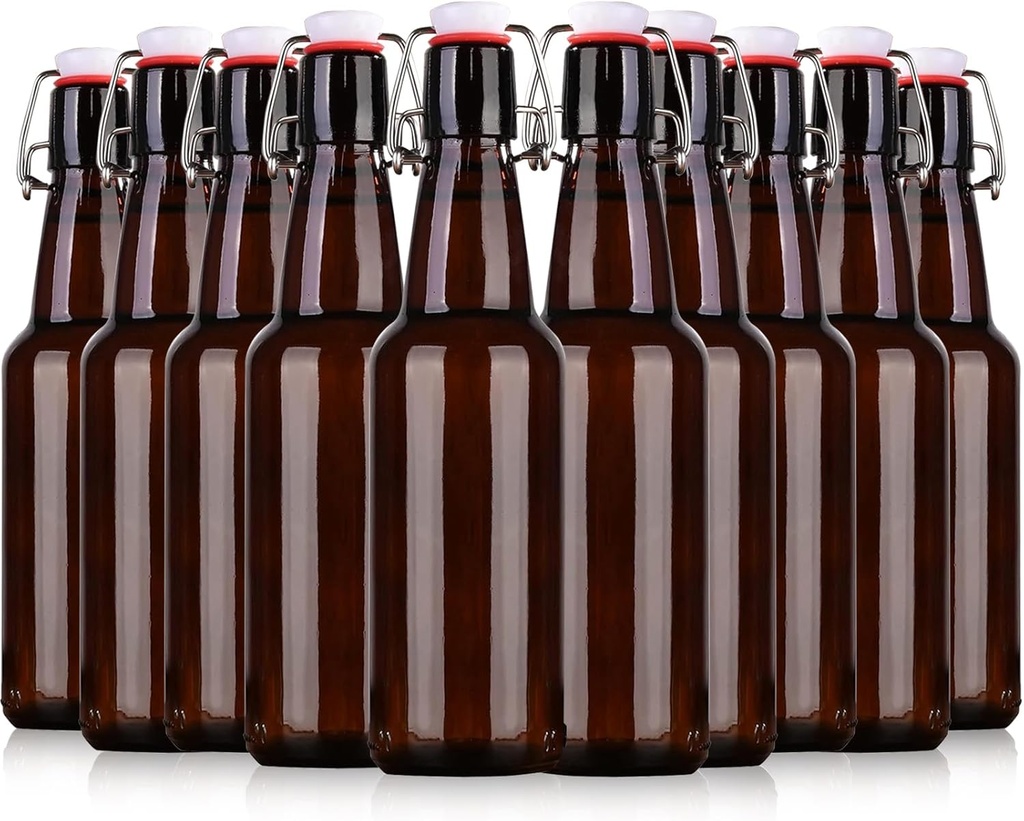 16.5oz Amber Swing Top Glass Bottles for Airtight Lids, Home Brewing and Fermentation Kombucha, Vanilla Extract, Beverage, Water, Kefir (10 Pack)