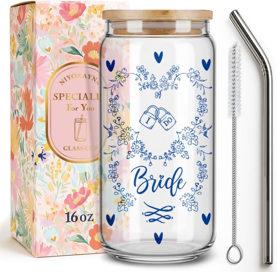 Something Blue Bride to be Gifts Glass Tumbler for Women,Friends,Sister,Fiance,Wifey,Bride Cup for Engagemengt,Wedding,Bachelorette Party Gifts,Bridal Shower Gift Glasses Cups with Lids and Straws-36