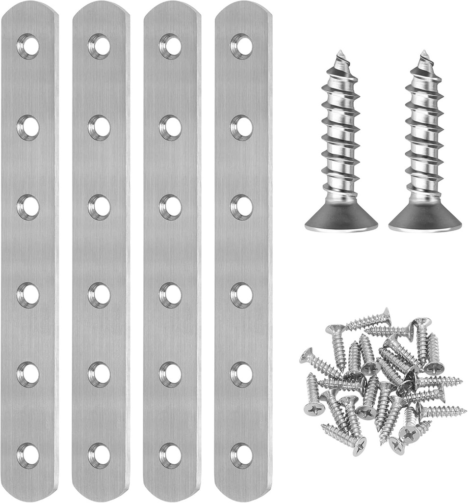 4 PCS Straight Brackets, Stainless Steel Flat Straight Brace, 6 inch, Metal Brackets with 24 Screws for Furniture Repair Fixing