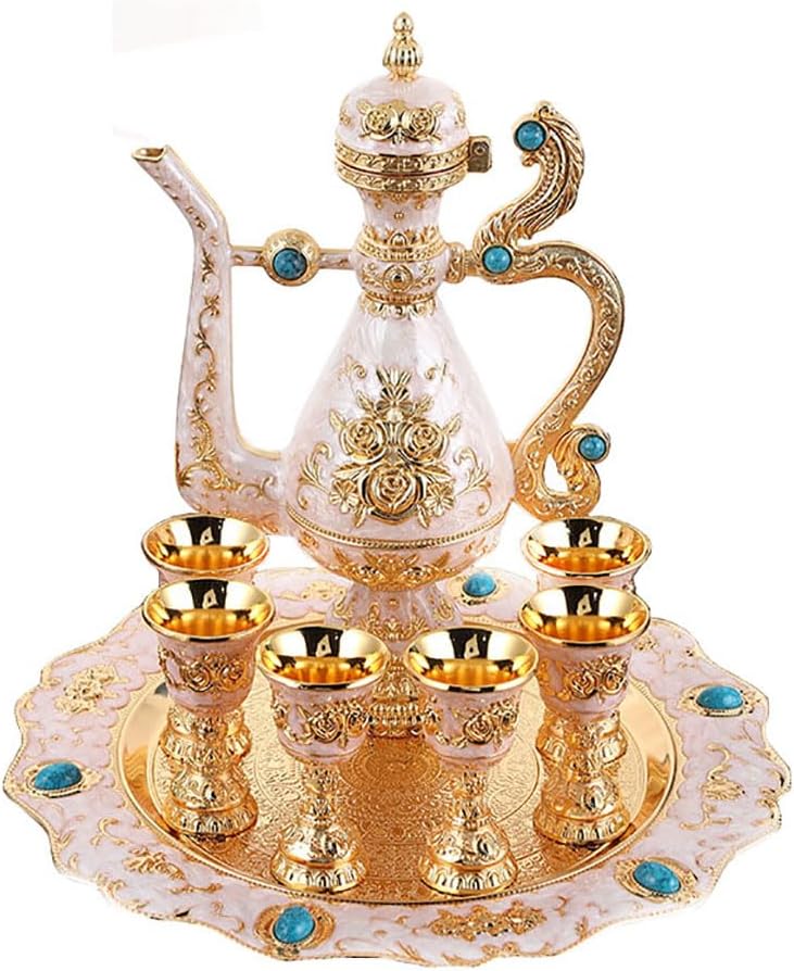 Zinc Alloy Gemstone 8pcs Bar Sets Liquor Spirit 1 Pot 1 Tray 6 Cups Liquor Sake Set Handmade Artwork Decoration Cup Set Wine Set Barware Gift (Gold), Gold, Silver, Red, Blue, GRB1018