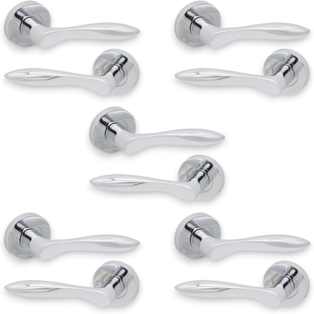 5 Sets of Door Handles 'Bell' Solid Brass Lever on Rose – Polished Chrome