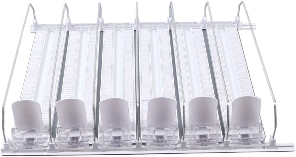 Self Pushing Drink Holder 6 Rows Adjustable Width Spring Loaded Easy Slide Large Capacity 15in Fridge Drink Dispenser (White)