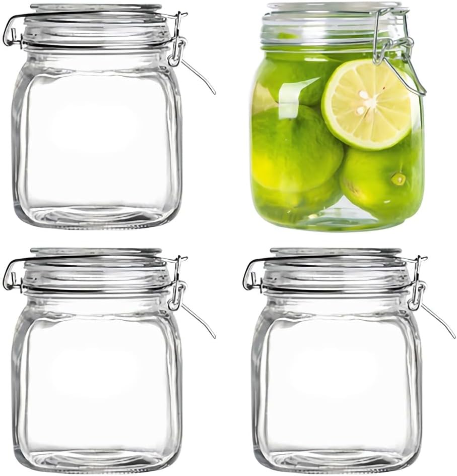 Kingrol 4 Pack 34 Ounces Glass Jars, Wide Mouth Storage Canister Jars with Bail and Trigger Clamp Lids for Pickling, Preserving, Canning, Dry Food Storage
