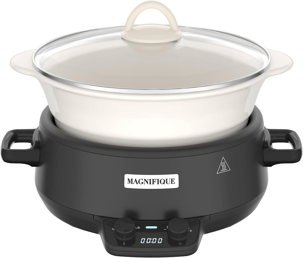 MAGNIFIQUE 5 Quart Programmable Slow Cooker with Auto Warm Setting, Glazed Ceramic Liner, Kitchen Small Appliance for Family Dinners, Black