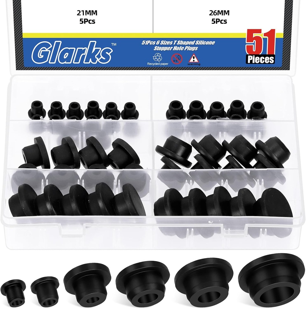 Glarks 51pcs 6 Sizes Hollow Silicone Hole Plug Set, Black High Temp Silicone Plug, T Shaped Stopper Hole Plug, Round Hole Flexible Stopper for Wire Cable, Hole Plugs, Automotive, Water Pipe