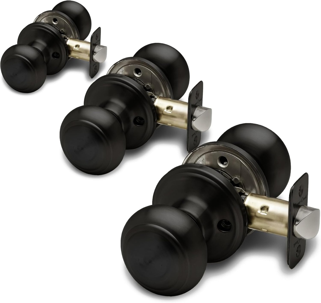 Copper Creek Colonial Passage Interior Door Knob – ANSI Grade-3 Certified, Modern Heavy Duty Handle, Easy Install and Reversible for Bedroom, Bathroom and Closets – Matte Black (3 Pack)
