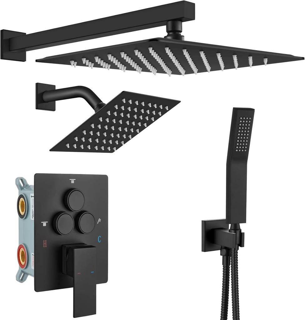 gotonovo Bathroom Shower Faucet Set Push Button Diverter Rainfall Shower System Shower head and Handheld Set Shower Trim Kit Wall Mount 12 Inch Showerhead with 6 Inch Showerhead Matte Black