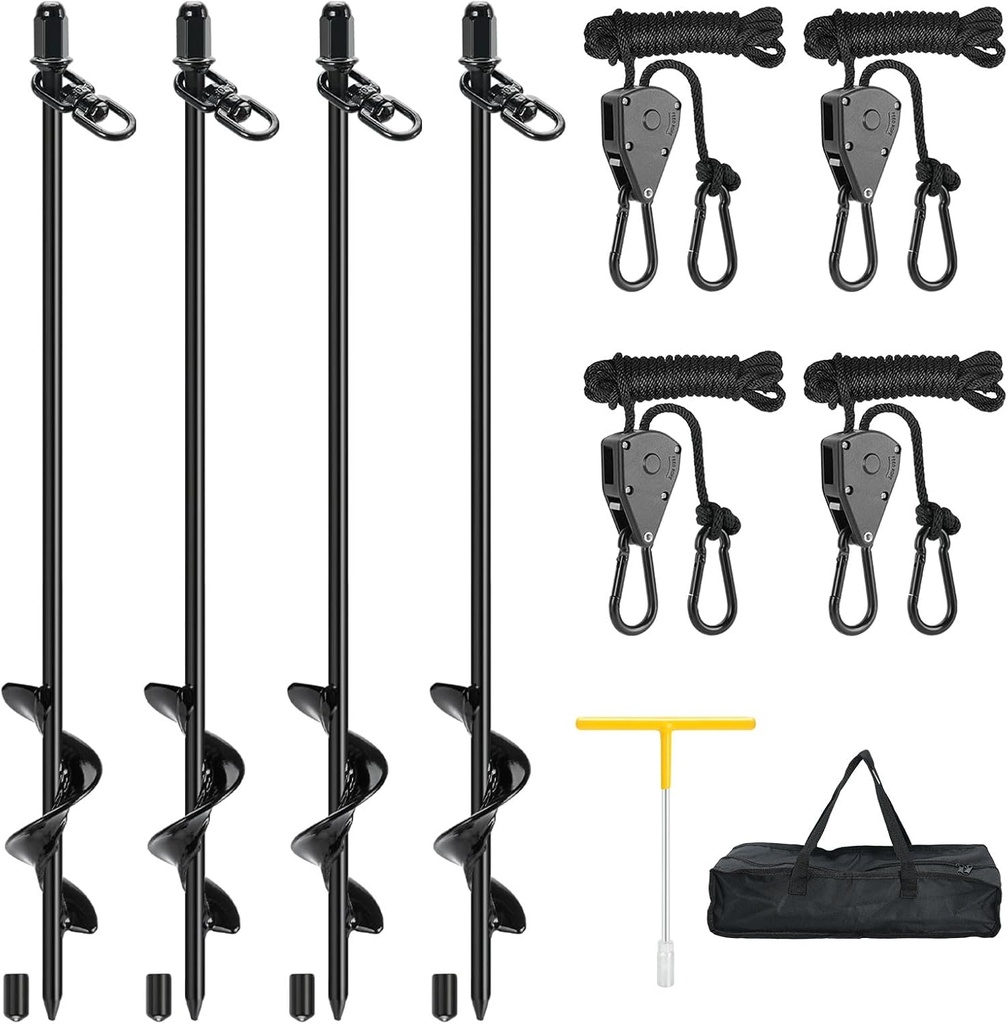 Tent Stake Heavy Duty Kit for High Winds, 4 Pack 17.7" Ground Anchors Screw-in, with Retractable Tie-Down Straps Ropes, Earth Anchors Kit for Campers, Temporary Tents, RV, Awning, Gazebos,Carport