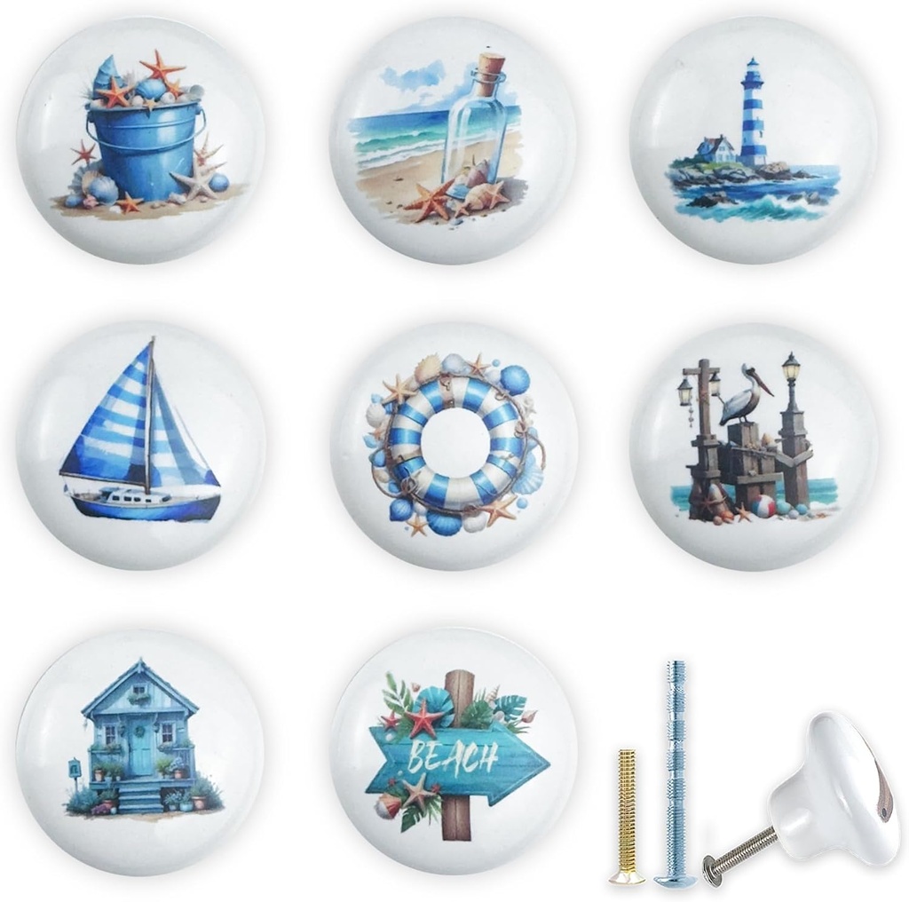 JamJam 1.5" 8Pack Coastal Cabinet Handles Blue Nautical Sea Starfish Animals Theme Ceramics Nursery Kids Door Decor Drawer Pulls and Knobs