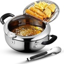 Deep Fryer Tempura Pot with Tongs, Cool Touch Bakelite Handles and Lid, 304 Stainless Steel, 9.4 Inch with Temperature Control for Safe and Efficient Cooking Great for French Fries, Chicken etc