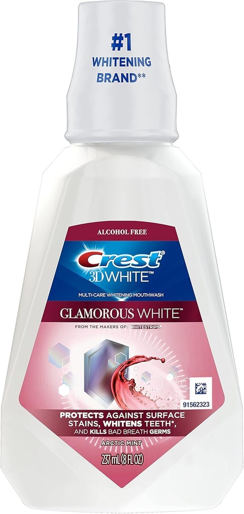 Crest 3D White Glamorous White Alcohol Free Multi-Care Whitening Mouthwash, Hydrogen Peroxide Mouthwash, Arctic Mint, 16 fl oz (473 mL) - Pack of 4, Crest Mouthwash