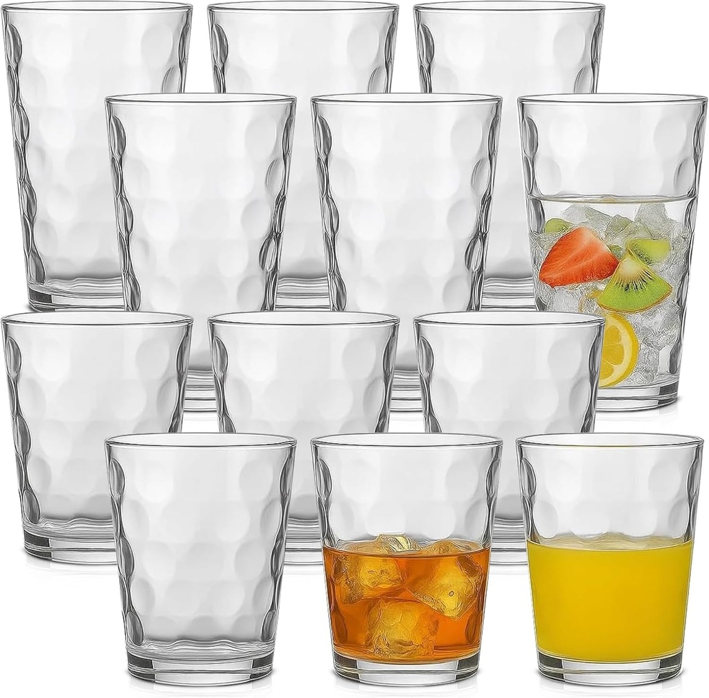 Drinking Glasses Set of 12. Mixed Glassware Set, Everyday Glasses for Cocktail, Beer, Juice Water, 6-13 Oz Rocks Glasses 6-17 oz Tall Kitchen Glass Cups