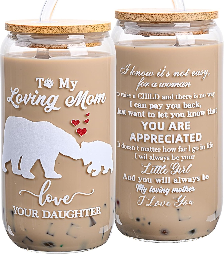 Christmas Gifts for Mom Womem, 16oz Can Glass Cups with Lids and Straws Mom Iced Coffee Cups for Mama Wife New Mother Stepmom on Birthday Xmas Presents