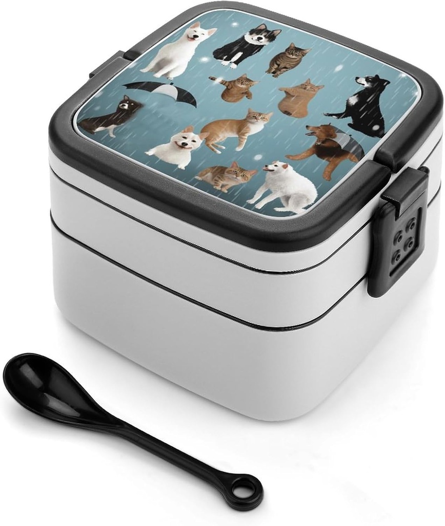 Raining Cats & Dogs Bento Box Double-Layer Bento Lunch Container with Spoon And Invisible Handle Adult Leak-Proof Lunchbox for Dining Out Work Picnics Travel