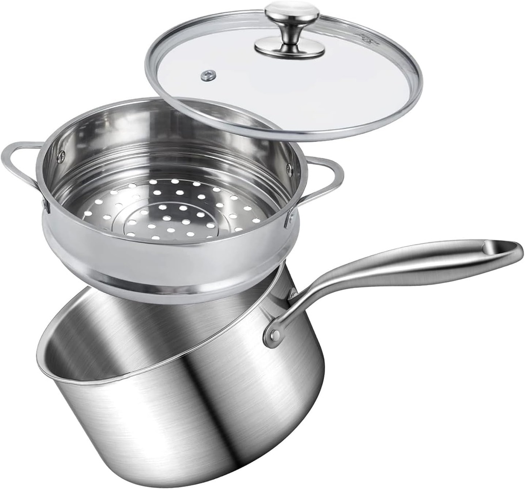 Steamer for Cooking, 1.5 Quart Saucepan with Steamer Basket, 18/8 Tri-ply Construction Stainless Steel Steamer Pot, Sauce pan with Lid 2-tier for Cooking Vegetables, Seafood, Soups, Stews and Pasta