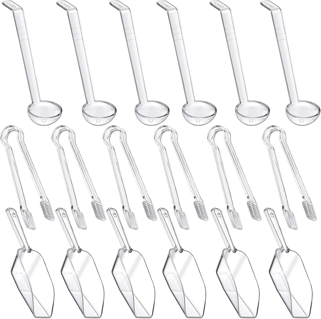 Shappy 18 Pcs Plastic Ice Tongs, Ice Scoops and Acrylic Soup Ladles Mini Clear Kitchen Tongs Utility Shovel Buffet Kitchen Scoop Long Handle Ladle for Dessert Buffet Snack Coffee Tea