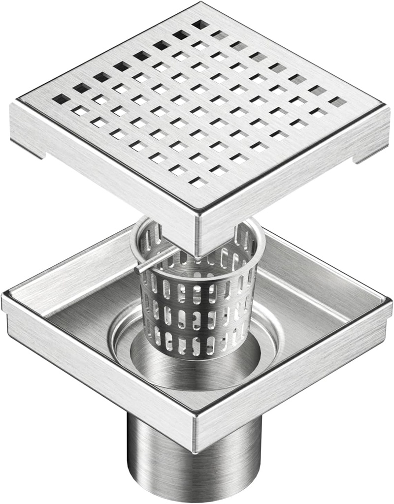 Neodrain 4-Inch Square Shower Drain with Removable Quadrato Pattern Grate, Brushed 304 Stainless Steel Square Drain for Bathroom with Hair Strainer,CUPC Certified