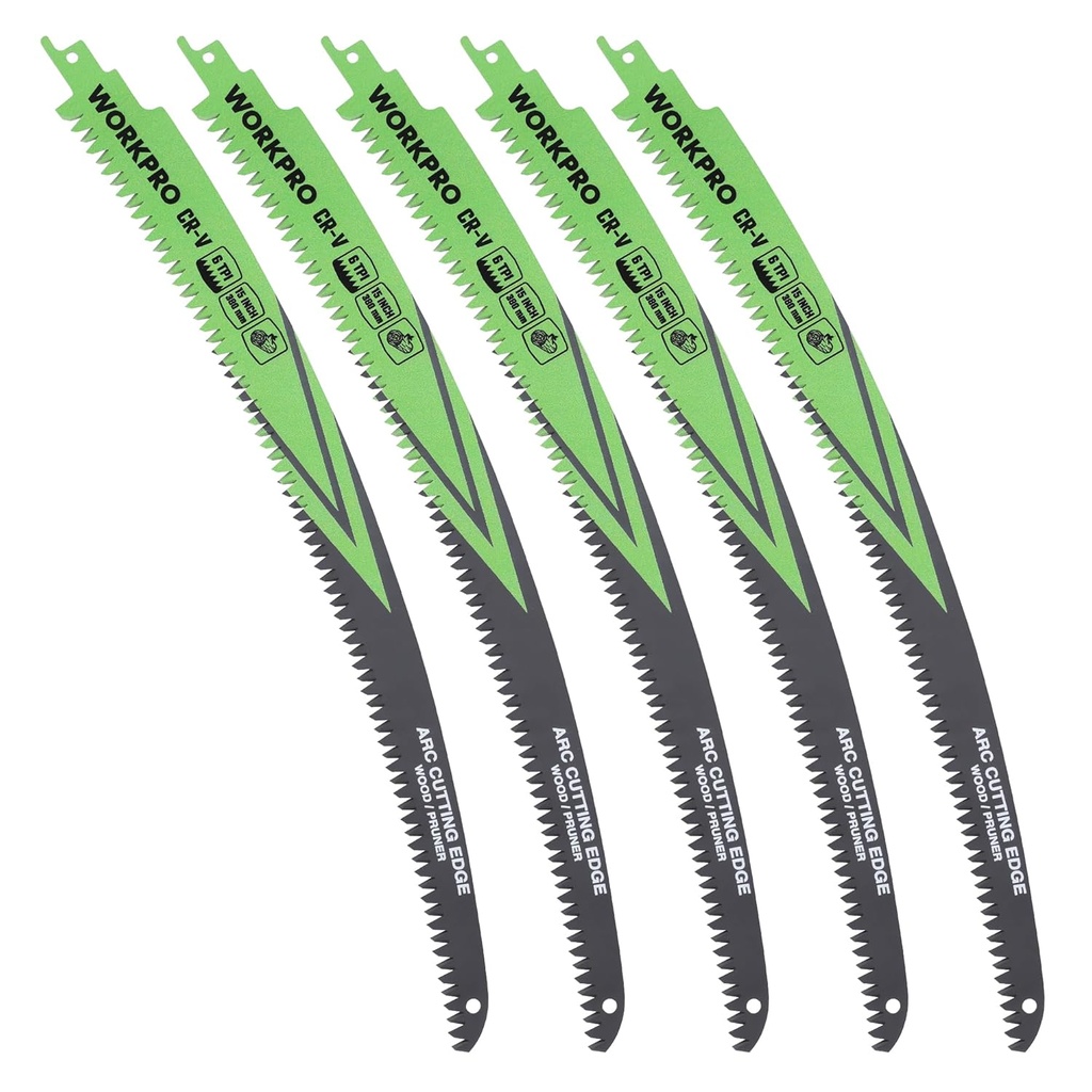 WORKPRO 15" Japanese Teeth Wood Pruning Reciprocating Saw Blades Set, Arc Cutting Edge 6TPI Pruning Saw Blades for Tree Pruning, Wood Cutting, Durable & Sharp, 5 Pack
