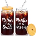 2 Sets Mother of The Groom Glass Cups with Lids and Straws, Mother of The Bride 16 oz Iced Coffee Cups, Wedding Gifts for Bride and Groom (Mother)