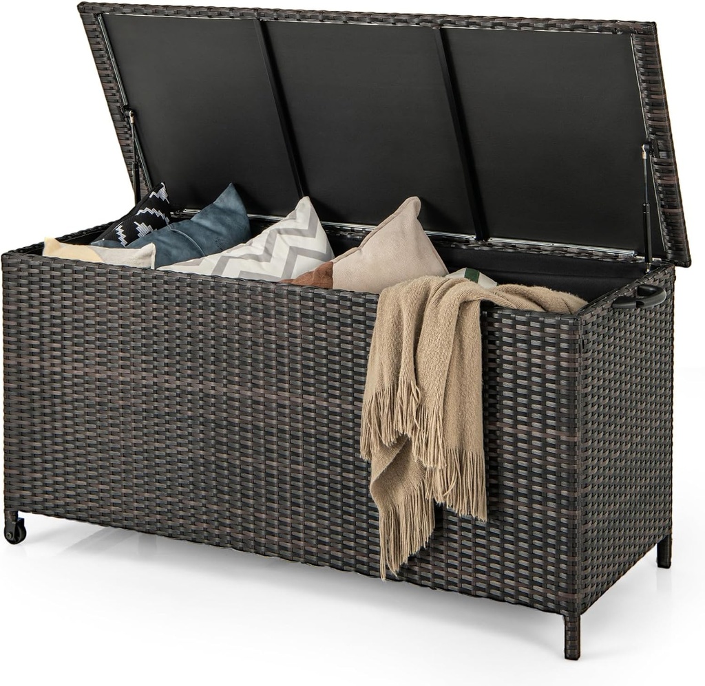 Tangkula Rattan Deck Box, 85 Gallon Storage Container with Waterproof Liner, Wheels & Gas Strut, Indoor Outdoor Wicker Storage Cabinet, Storage Furniture for Pillows, Cushions (Brown)