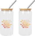 2 Pack Glass Cups with Bamboo Lids And Straws Be Kind Be Brave Be Honest Be Creative Be Humble Be Thankful Be Happy Be You Glass Cup Cup Mothers Day Gifts Cups For