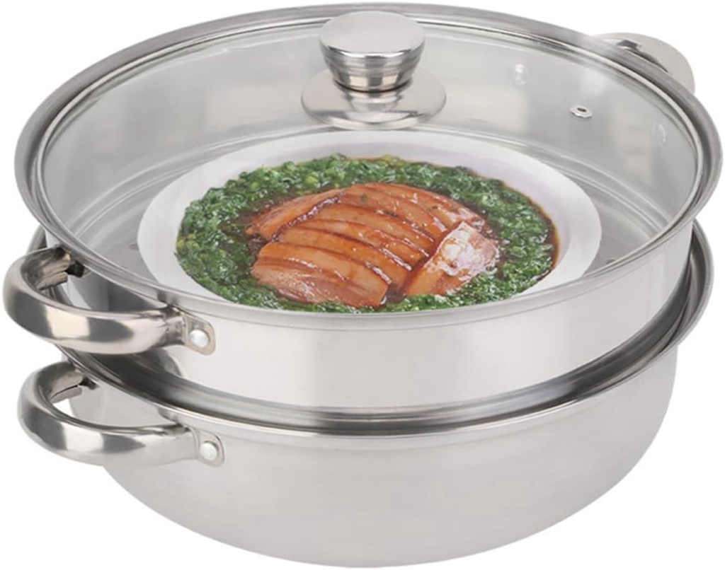 Two-Tier Round Silver Stainless Steel Food Steamer, 27cm/11in 2-Layer Steam Cooker with Glass Lid, Double Boiler Steamer Pot