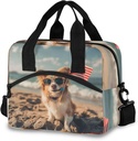 Dog American Flag Insulated Lunch Bag Cooler Tote Bags Box Large for Women Men Work Portable with Pocket Adjustable Shoulder Strap
