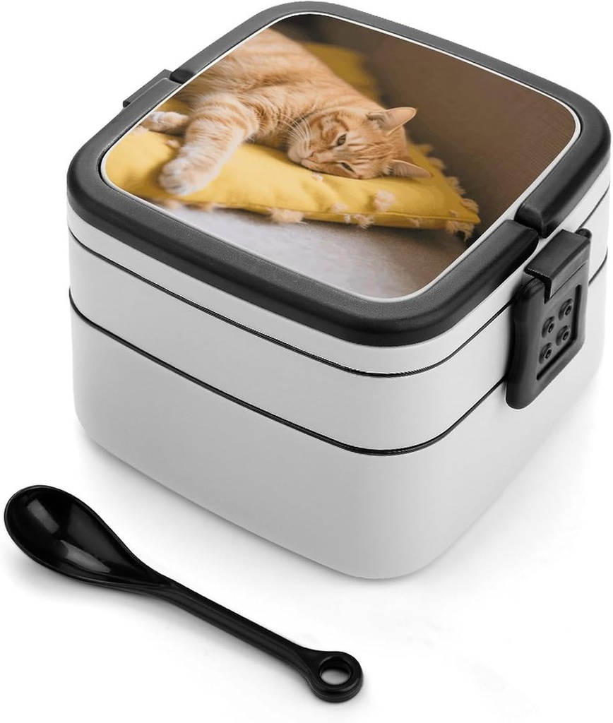 Cozy Cat Bento Box - Double Layer, Leakproof Food Containers with Partition & Spoon, Stackable Lunch Box for Office, Travel, Camping
