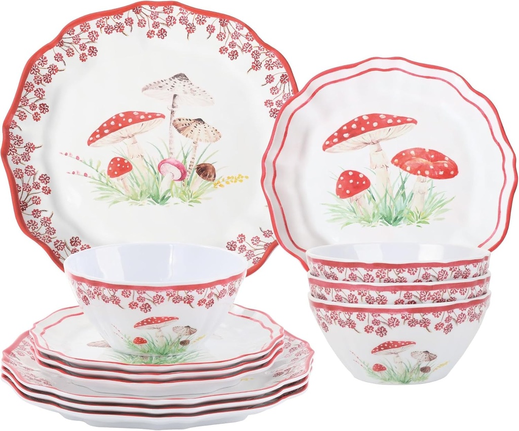 UPware 12 Piece Mushroom Melamine Dinnerware Sets, Outdoor Dishes Set, Plates and Bowls Sets, Service for 4, Red