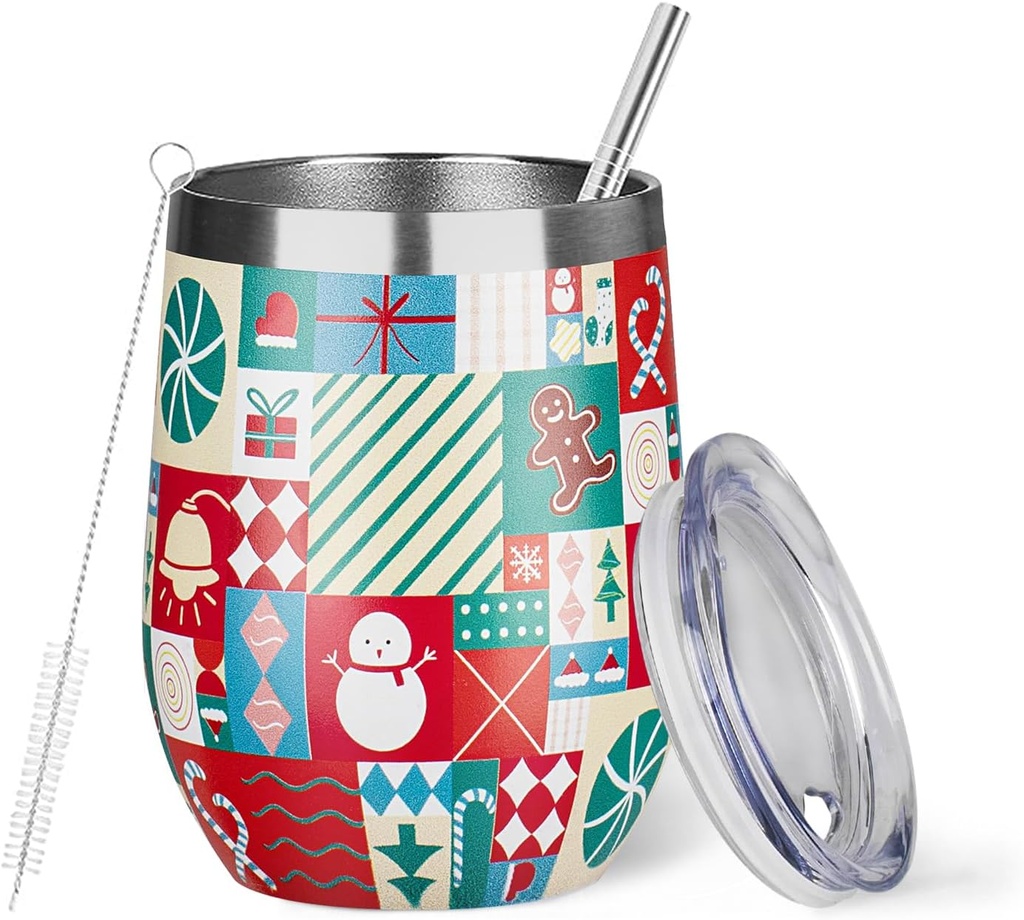 Christmas Wine Tumbler 12 oz Christmas Stainless Steel Wine Glass with Lid and Straw Stemless Double Wall Insulated Wine Cups Keeping Cold & Hot for Holiday Xmas Wedding Party Gifts (puzzle)